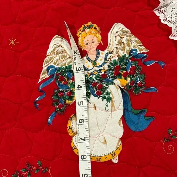Handmade Quilted Christmas Tree Skirt 56" Round Red With Lace Trim Angel Design - Picture 7 of 8